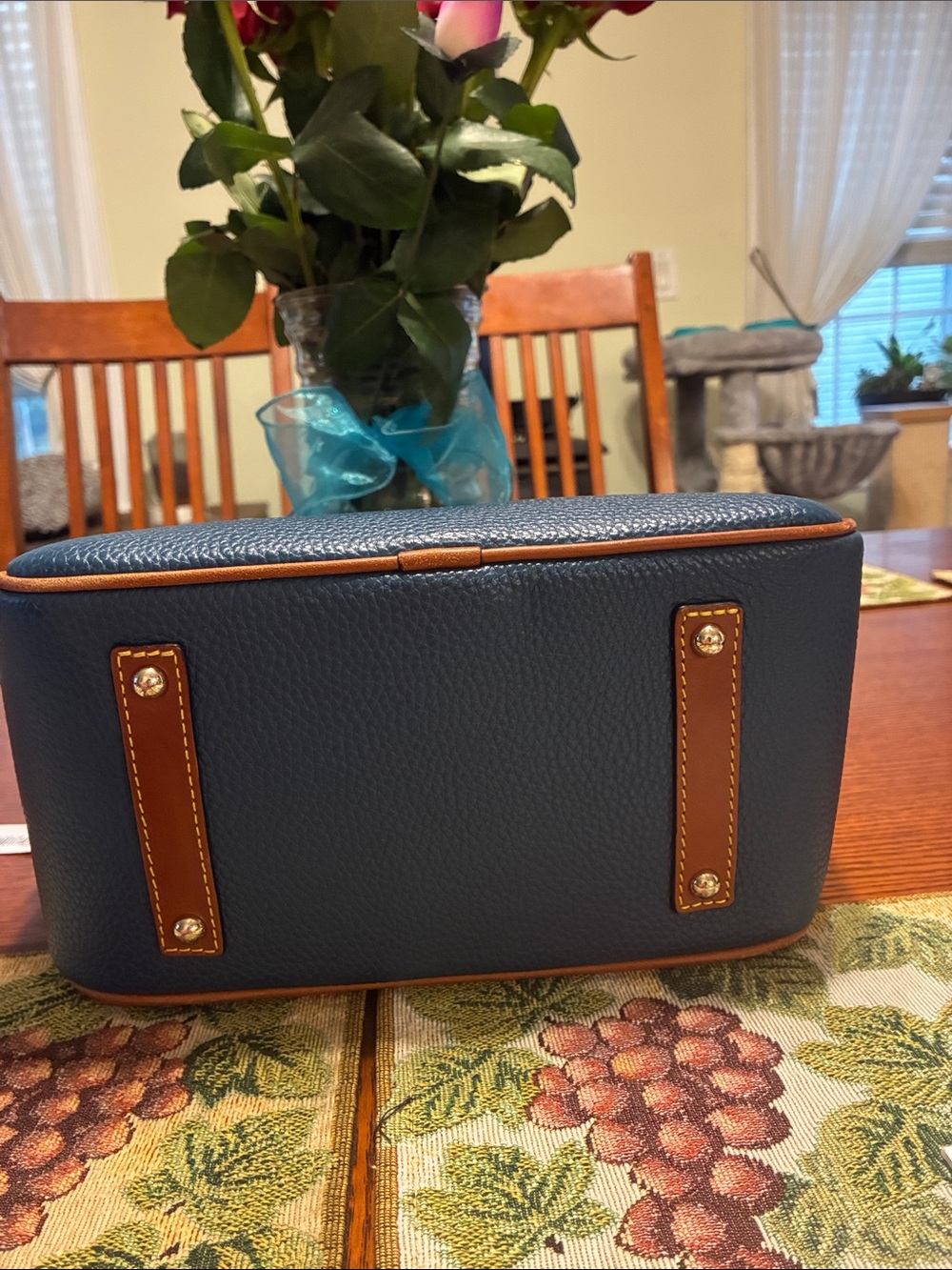 Dooney & Bourke Blue Pebbled Leather Satchel with Brown Trim and Gold Charm - Picture 3 of 9